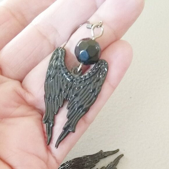Black Angel Wings - Patina Painted Dangle Earrings - Big Black Wing Earrings - Picture 2 of 8